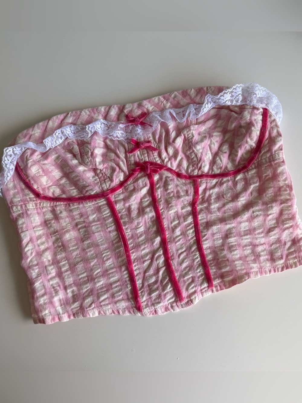Free People Upcycled Corset Tube Top Pink Gingham Coquette Balletcore